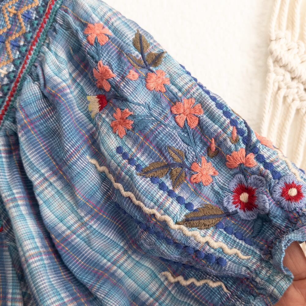 Johnny Was Workshop Aimee Embroidered Floral and Plaid Pattern Top Size Small - Picture 5 of 9